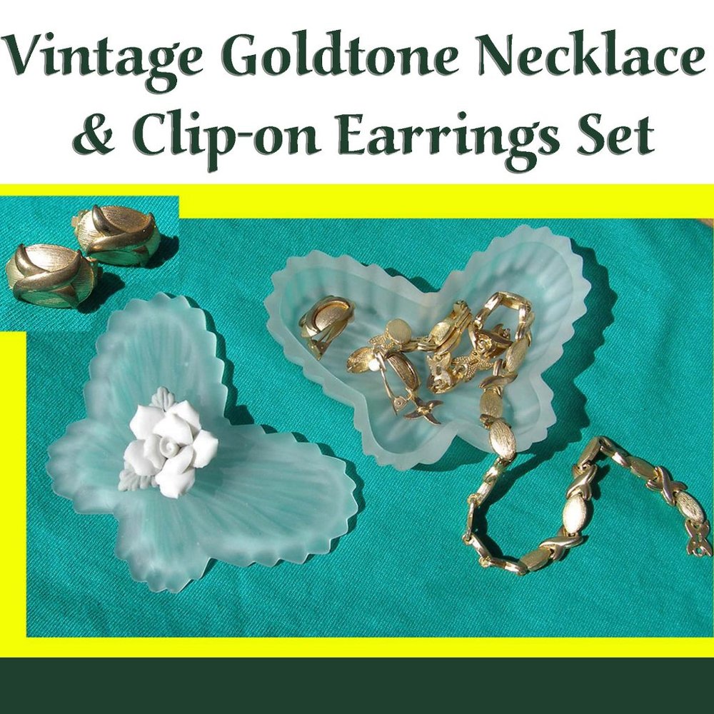 Vintage Goldtone Necklace & Clip-on Earrings Set BROKEN